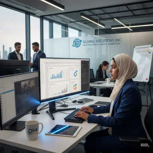 Woman Working on Computer → woman creating marketing content using AI tools in 2025